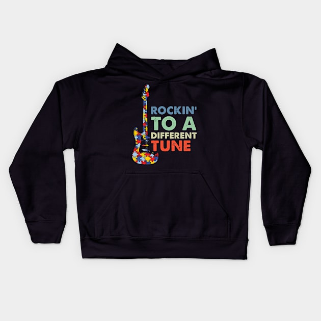 Rockin To A Different Tune Puzzle Piece Guitar Autism Kids Hoodie by FrancisDouglasOfficial